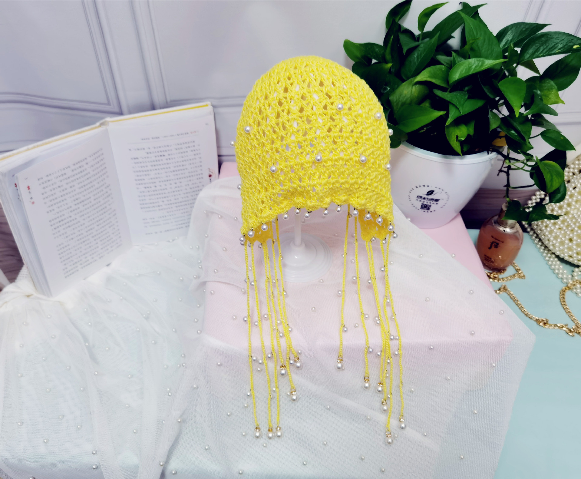 网红珍珠帽女神民族特色针织帽流苏网兜波西米亚风毛线棉帽摄影装