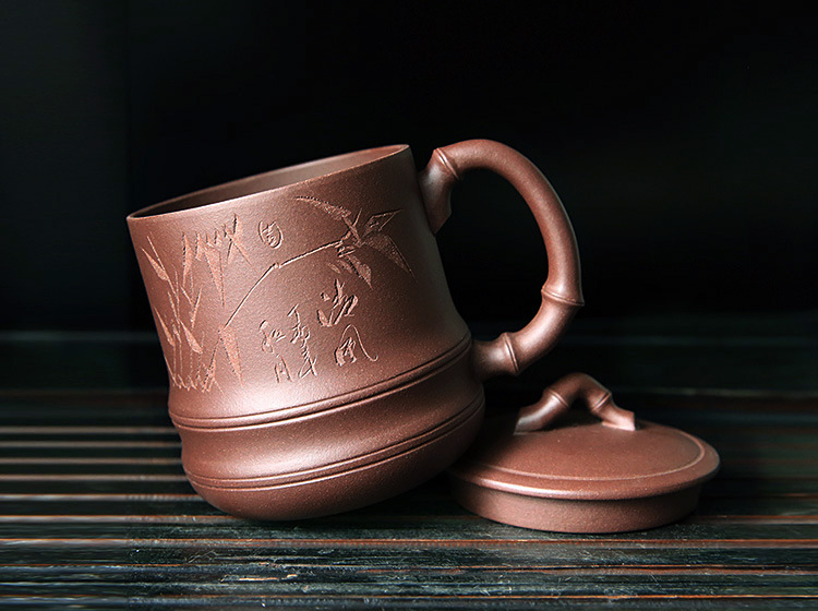 宜兴紫砂茶具茶杯男士全手工带把竹节紫砂杯原矿紫泥带礼盒