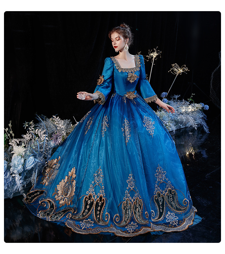 21新款欧式宫廷演出服湖蓝复古影楼拍照写真话剧表演英国公主礼服