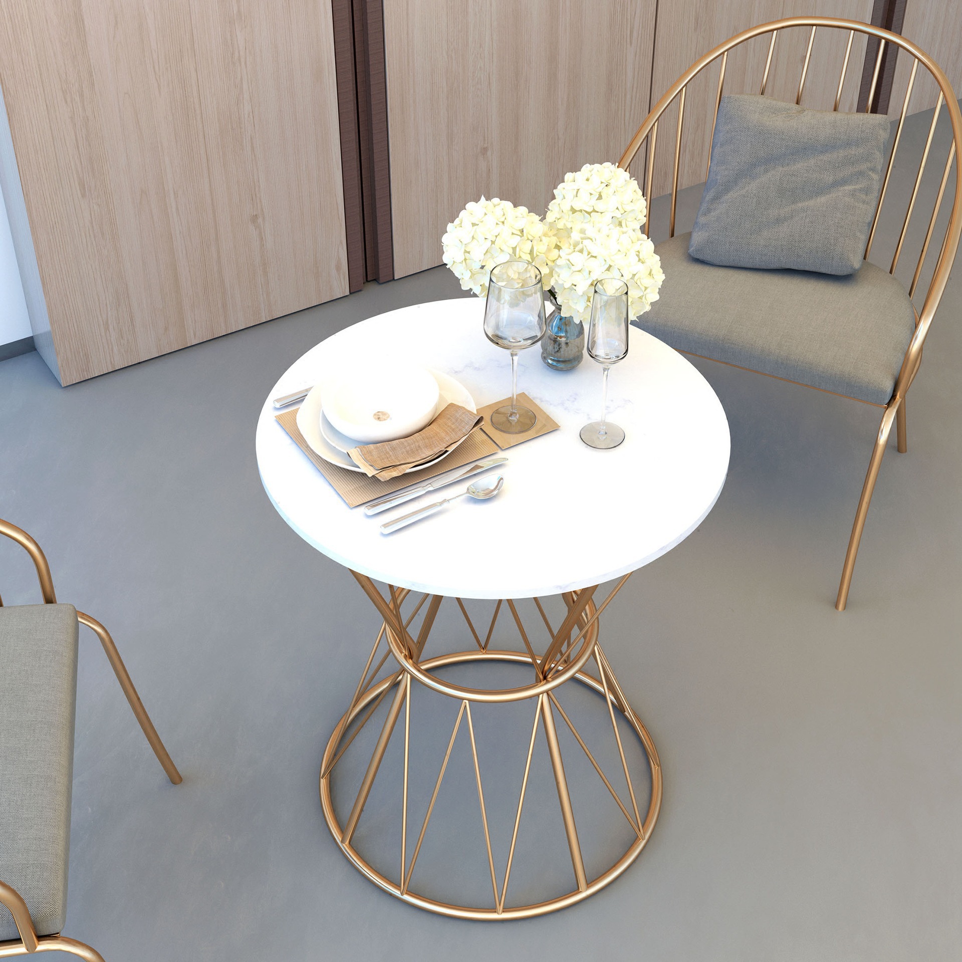 北欧铁艺金色圆形茶几 休闲区奶茶店阳台小圆桌家用舒适靠背椅