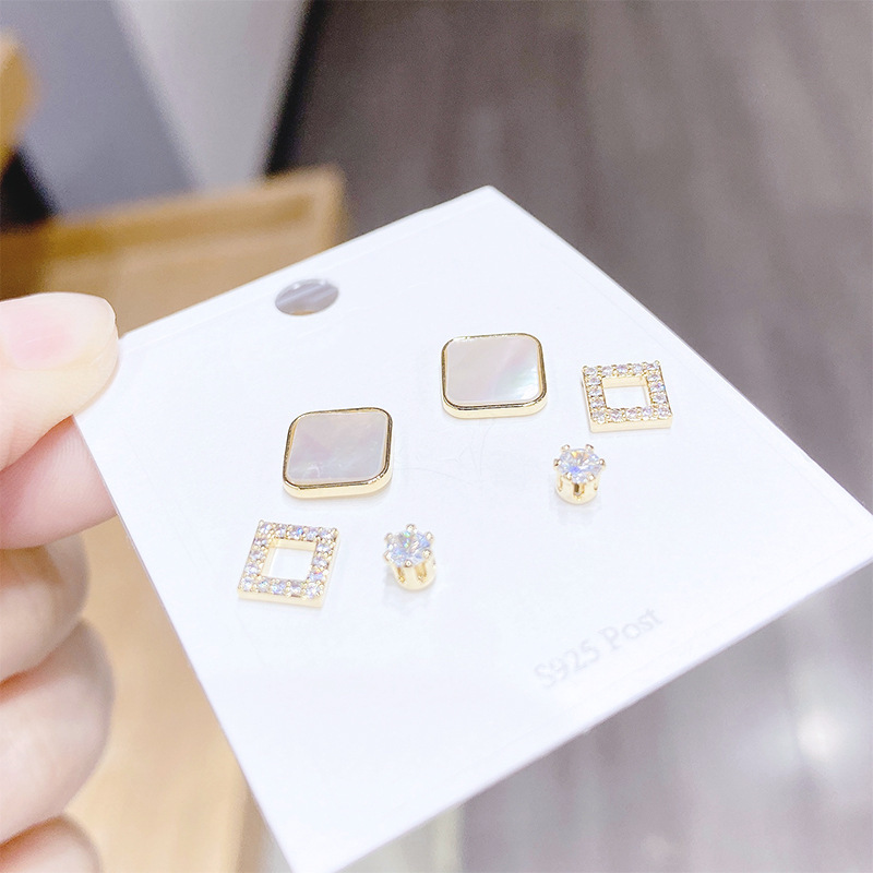One Card Three Pairs Sterling Silver Needle Simple Stud Earrings Korean Style Color-Preserving Gold-Plated Shell Sweet Delicate Earrings Studded with Zircon