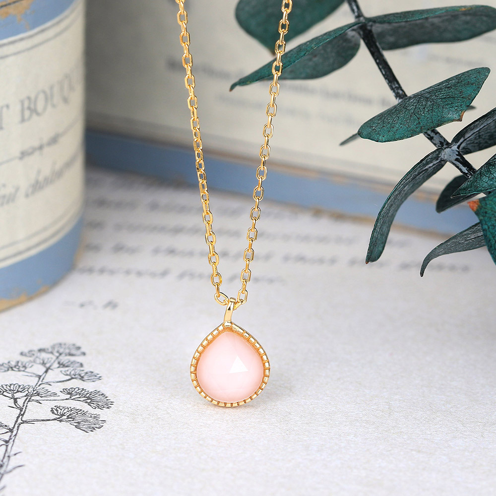 s925纯银天然白水晶粉贝母项链女水滴形吊坠14k包金轻奢饰品批发