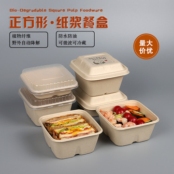 可降解一次性纸浆餐盒便当盒外卖打包盒甘蔗浆餐盒沙拉轻食盒方形