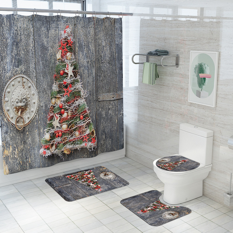 Hot Exclusive for Cross-Border Christmas Elements Printed Mat Four-Piece Set Red and White Background Christmas Tree Waterproof Shower Curtain DIY Pattern