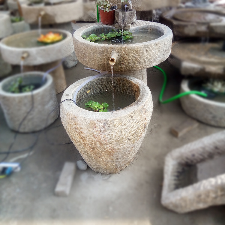 老石槽磨盘水景石雕流水旧石器别墅花园旧石器石磨组合流水摆件
