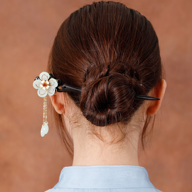 发簪黑檀木盘发古典古风风簪子简约头饰木质春秋花朵发饰木簪