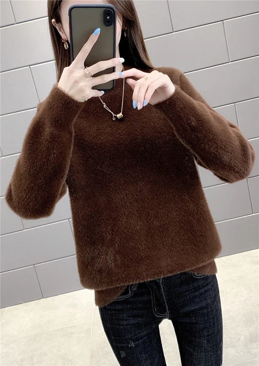 毛衣女2020年秋冬新款宽松水貂绒慵懒风圆领打底衫加厚针织衫上衣