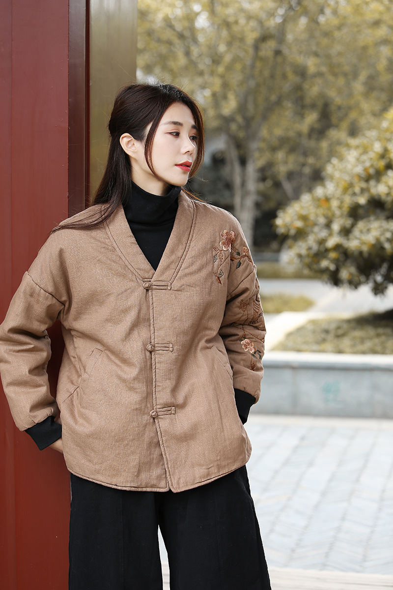 2020冬棉麻女装小暖 砂洗亚麻刺绣复古短款小棉衣棉服3色 特