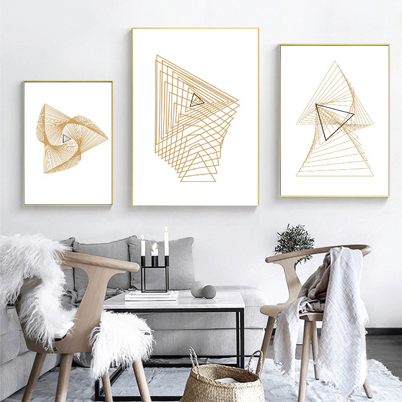 现代简约北欧手绘鎏金立体抽象艺术几何线条客厅卧室定制装饰画