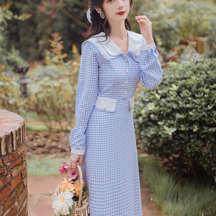 蓝色格纹淑女风女装法式格子连衣裙女2020年海军领收腰中长裙