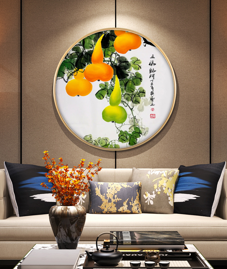 新中式现代圆形五福临门玄关装饰画走廊尽头招财风水挂画葫芦壁画