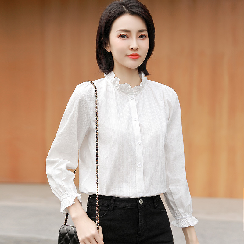 2064公主风木耳领衬衫女长袖2020春装新款韩版轻熟风宽松纯棉衬衣