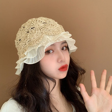 蕾丝草帽女小清新韩版百搭防晒遮阳水桶帽子小沿夏季小檐个性装饰