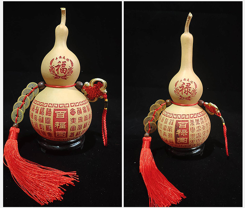 批发天然葫芦 旋转雕刻烙画葫芦 带五帝钱中国结百福图挂件