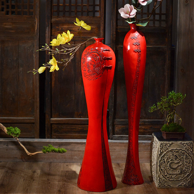 中式古典落地花瓶 酒店客栈茶室干花花插 红色中国风高花器摆件