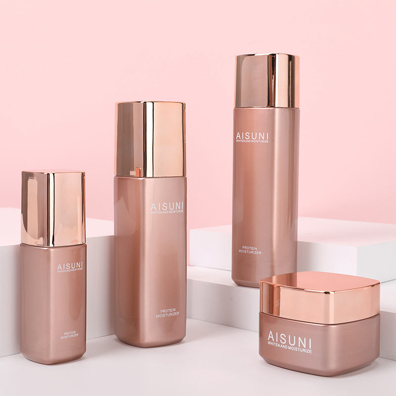 化妆品包装四方水乳套装瓶子玫瑰金盖粉色玻璃瓶100ml按压护肤瓶