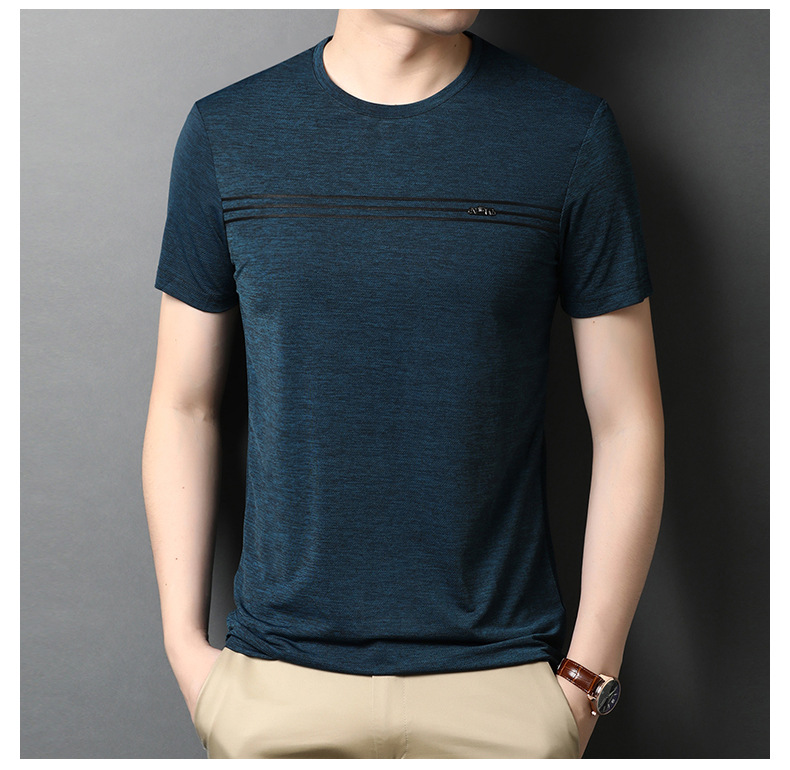 夏季薄款冰丝短袖t恤男士圆领汗衫中年爸爸夏装无领半袖凉爽上衣
