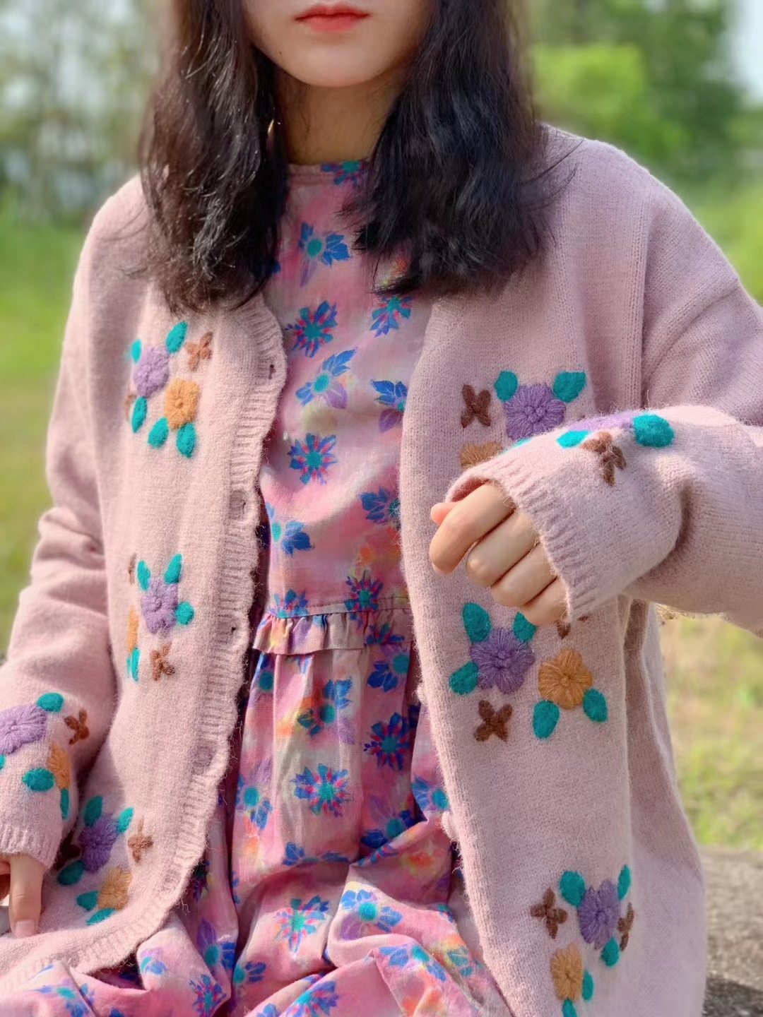 2020熊姑娘自制新 秋重工刺绣花朵宽松百搭开衫毛衣外套森女系