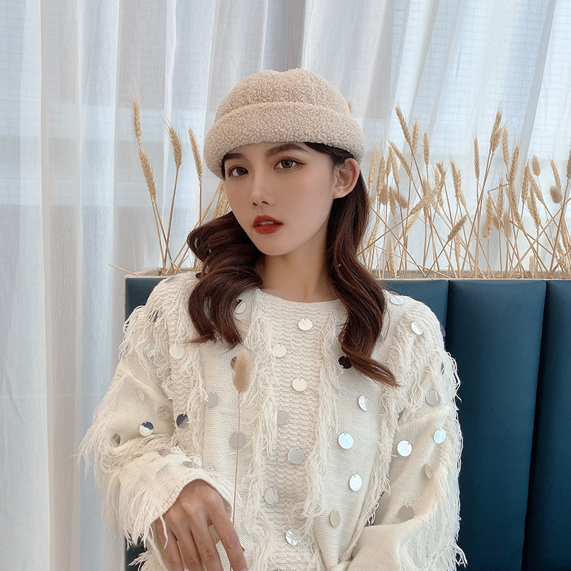 秋冬季复古羊羔绒地主帽女生瓜皮帽韩版雅痞男百搭情侣休闲水手帽