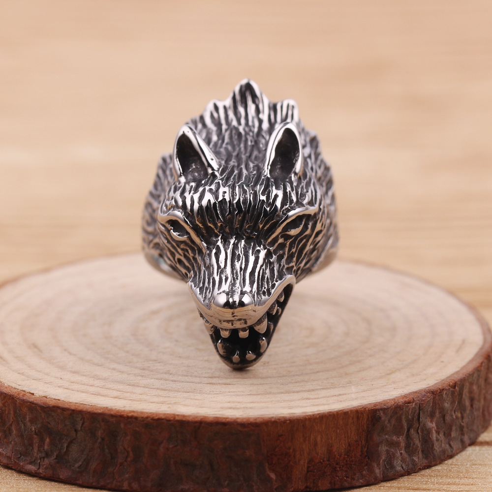 欧美外贸朋克饰品批发狼头不锈钢个性戒指男士钛钢指环