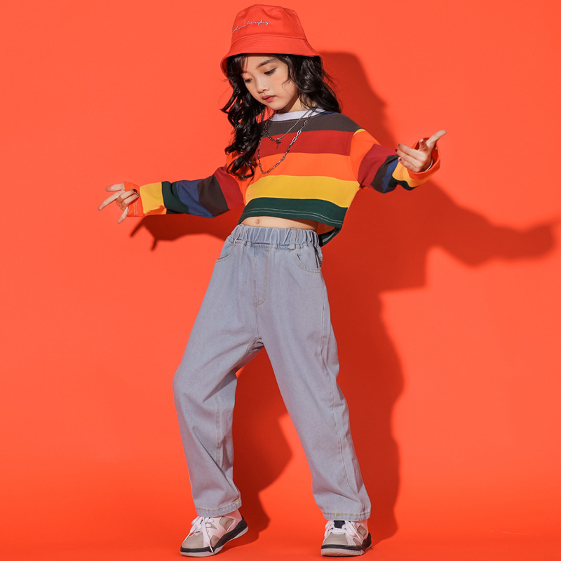 男童嘻哈女童街舞套装潮条纹牛仔裤hiphop韩版儿童爵士舞演出服装