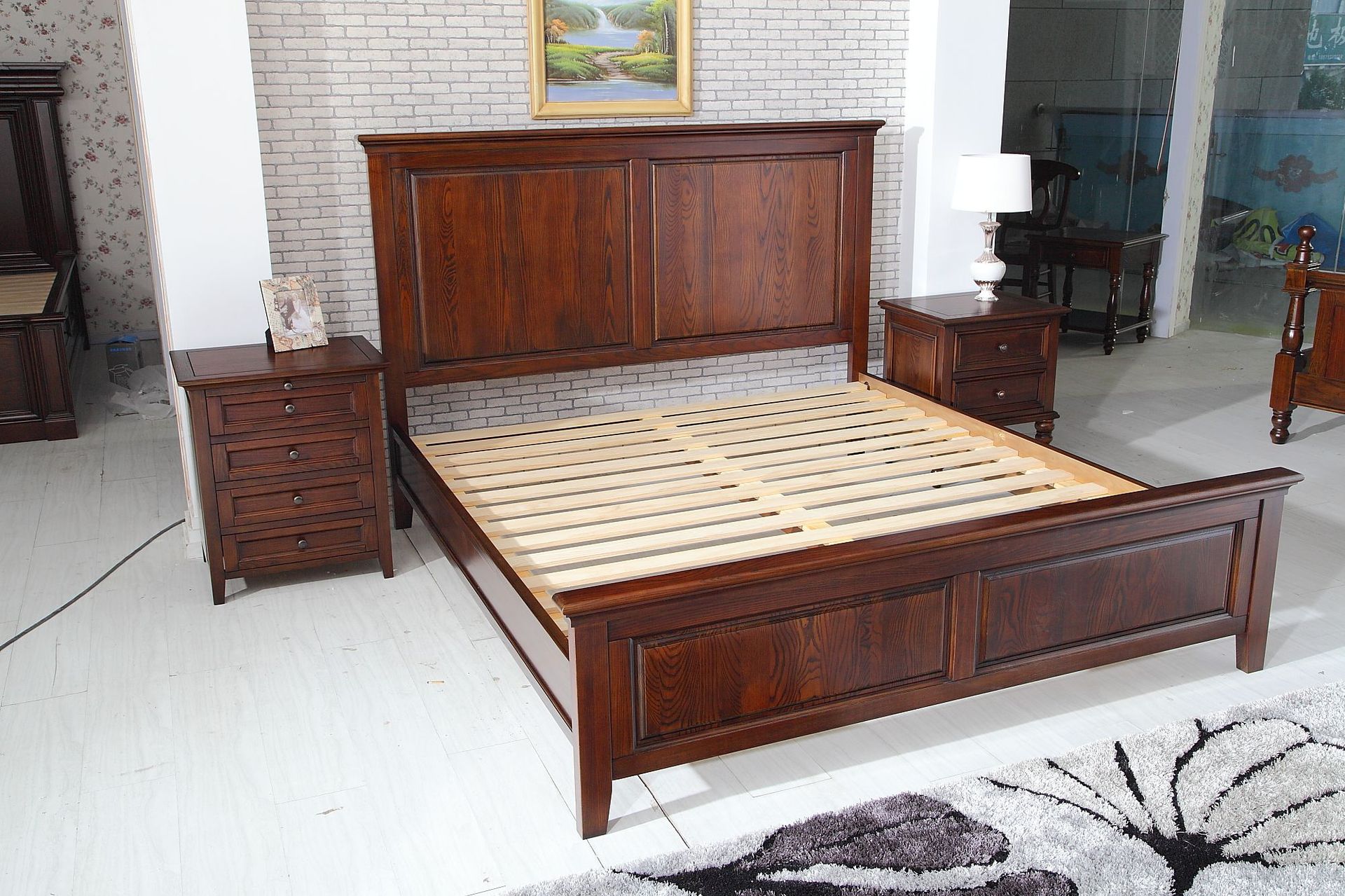 美式白蜡木全实木床 双人床框架结构实木床 胡桃色床 实木床白色