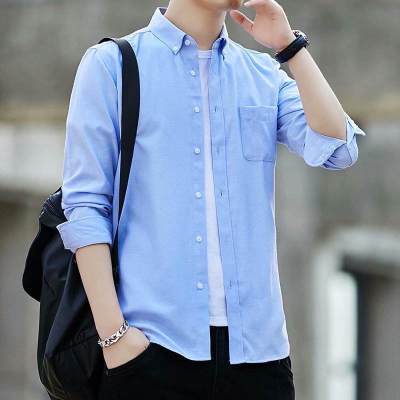 2021 New Men's Long-Sleeved Shirt Men's Oxford Casual Shirt Men's Slim Korean Style Solid Color Shirt