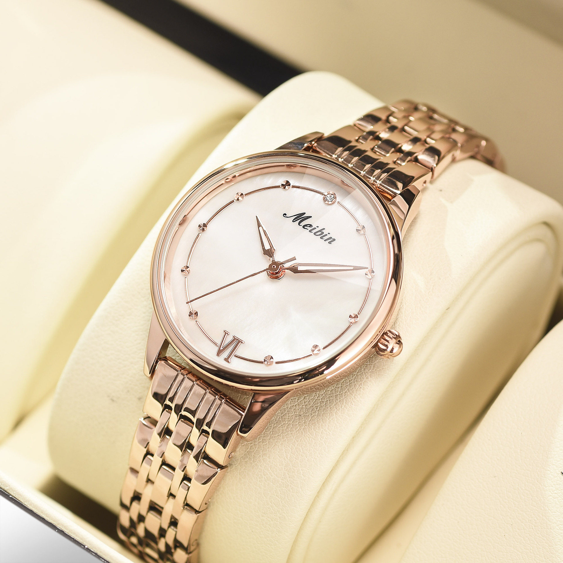 美宾meibin 直播同款正品时尚女士石英钢带手表防水1412 一件代发
