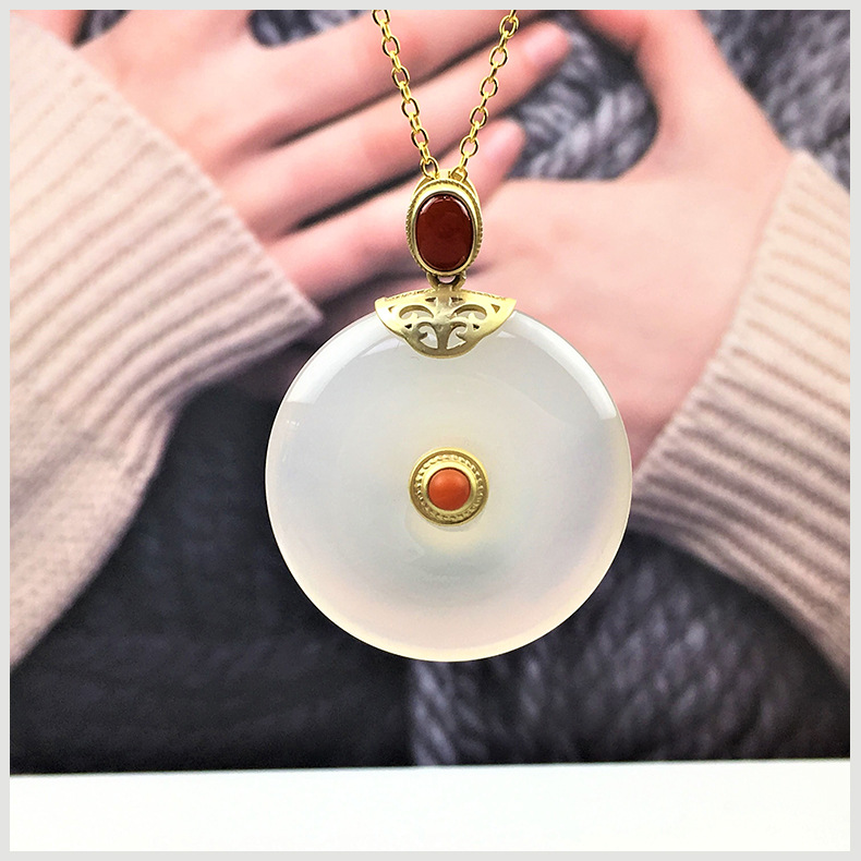 批发天然保山荔枝冻玛瑙s925银南红平安扣吊坠镶嵌平安扣吊坠直销