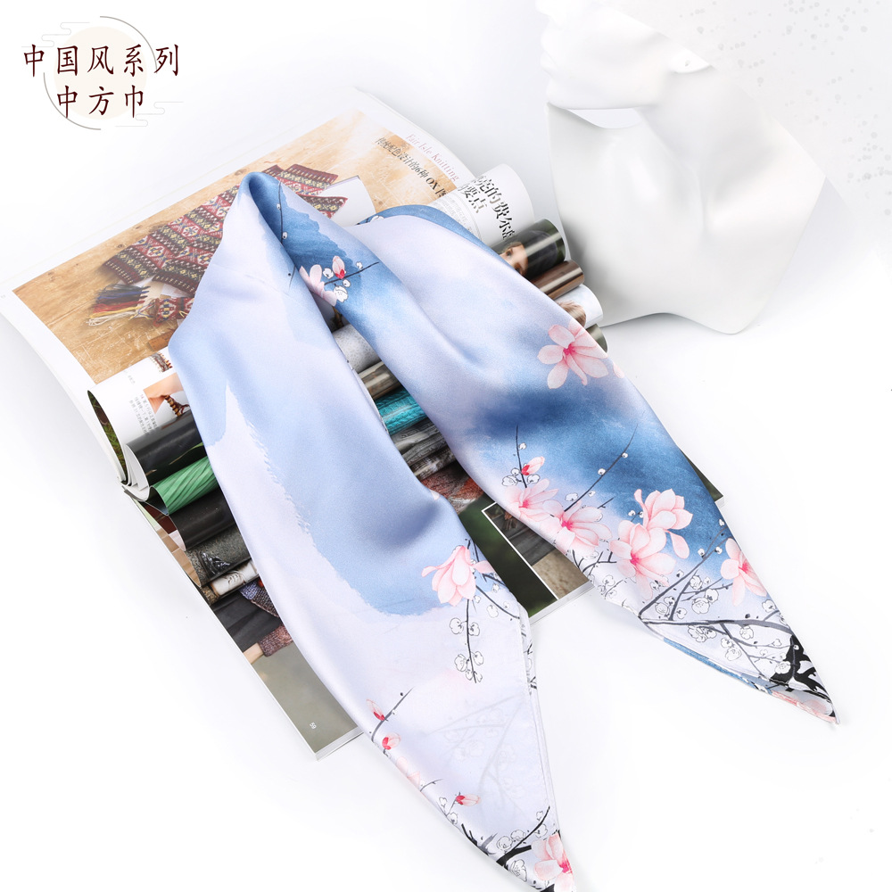 春夏季中国风丝绸方巾桑蚕丝缎面小围巾真丝中方巾素绉缎女士丝巾
