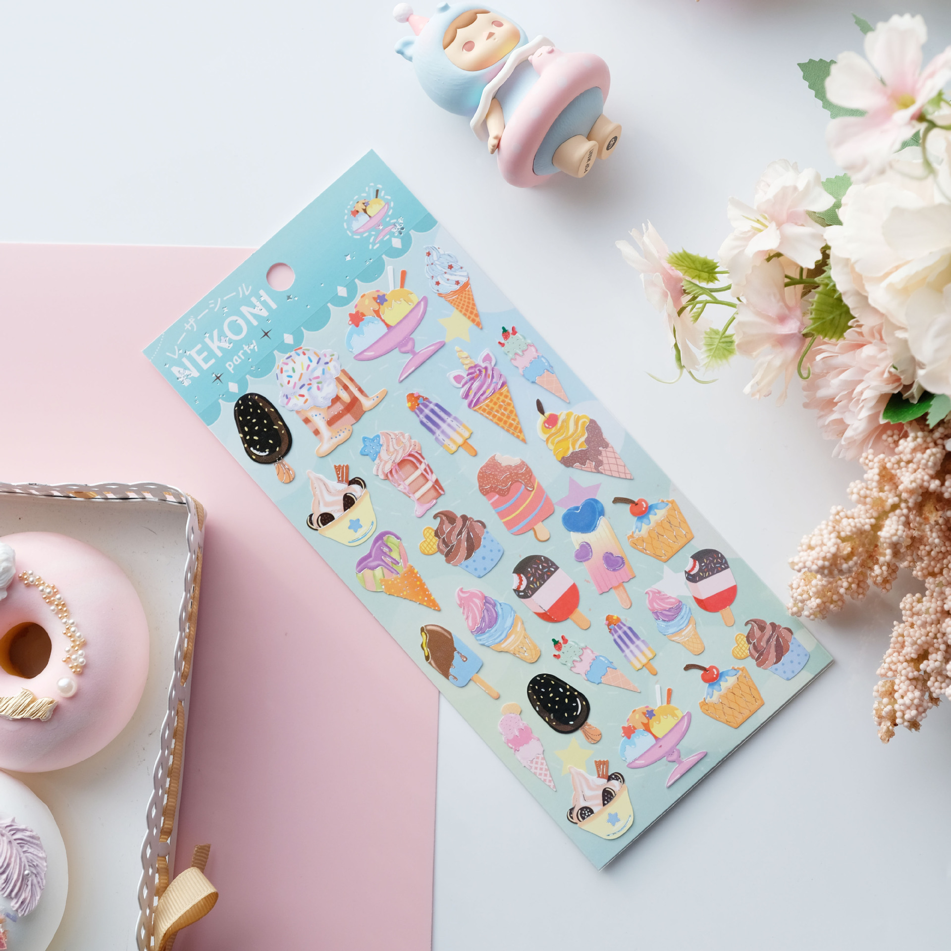 nekoni甜美冰淇凌色系春夏派对系列镀银防水手帐diy装饰平面贴