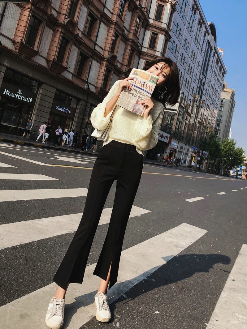 喇叭裤女夏季薄款垂感鱼尾开叉高腰阔腿修身显瘦微喇裤九分西装裤