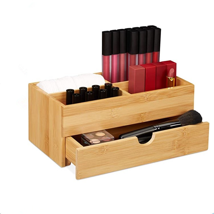 家用桌面竹制收纳盒 双层抽拉式收纳盒化妆品 置物盒化妆台首饰盒