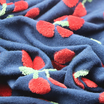 服装童装针织纬编天鹅绒面料麻灰蝴蝶红樱桃全棉色织提花天鹅绒布