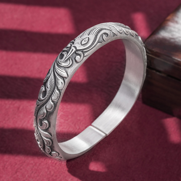 中国风 凤银手镯女s999足银活口镯子复古凤凰足银镯子饰品