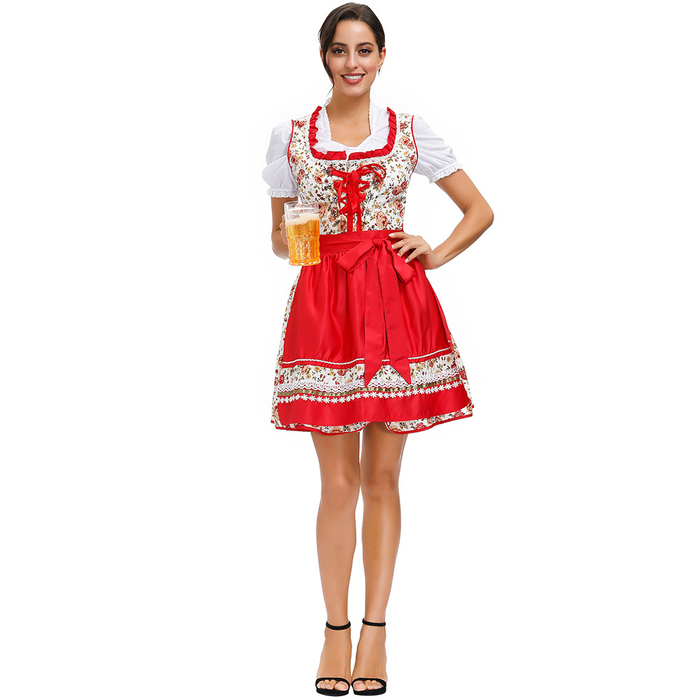 德国传统啤酒节服装 巴伐利亚慕尼黑节日狂欢红色碎花女佣连衣裙