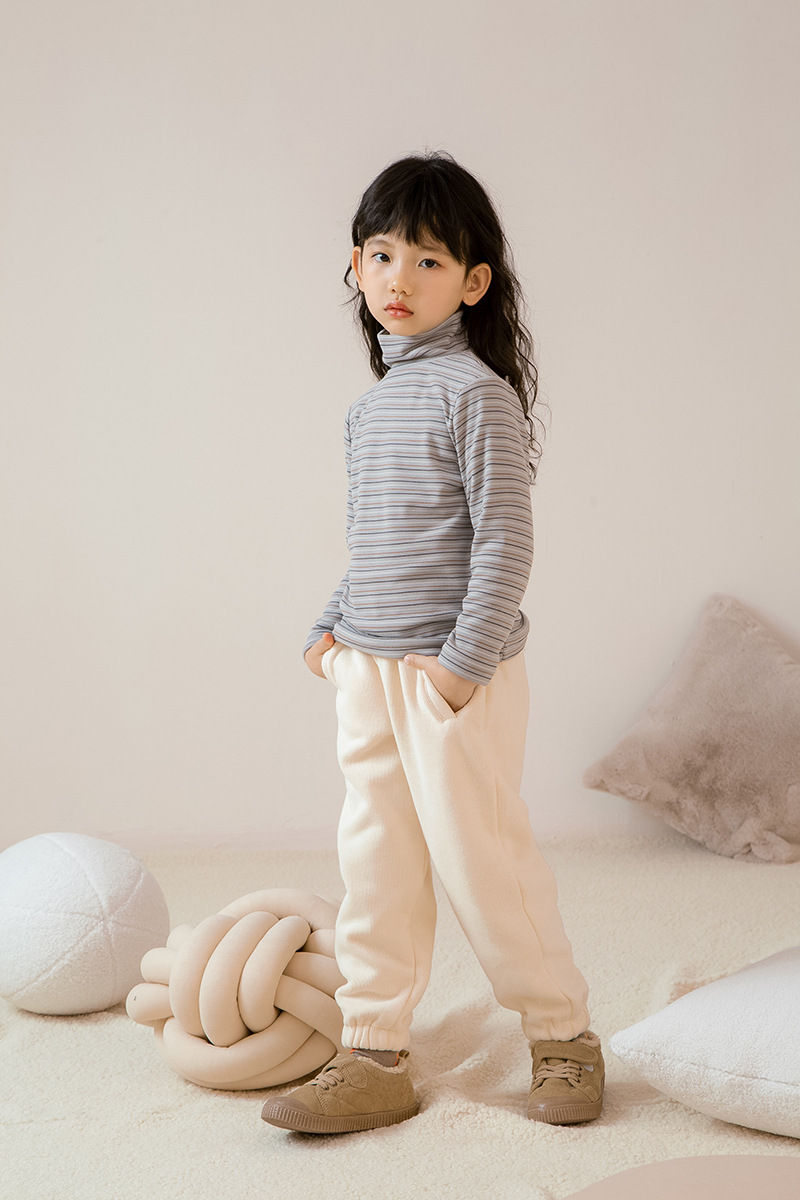 小懒猫童装冬季新品韩版加厚发热德绒蚕蛹蛋白男女儿童条纹打底衫