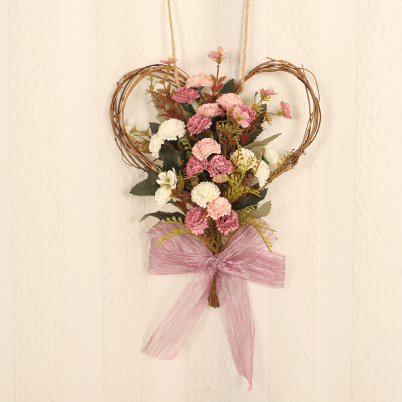 母亲节仿真康乃馨心形壁挂蝴蝶结装饰花环礼品家居装饰品厂家批发