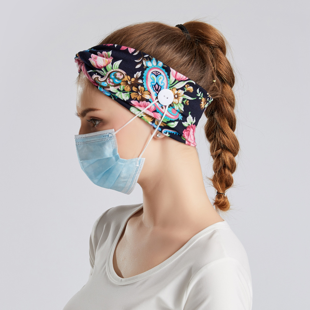 亚马逊热销发带 新款弹性口罩防勒纽扣发带 碎花打结吸汗头带工厂