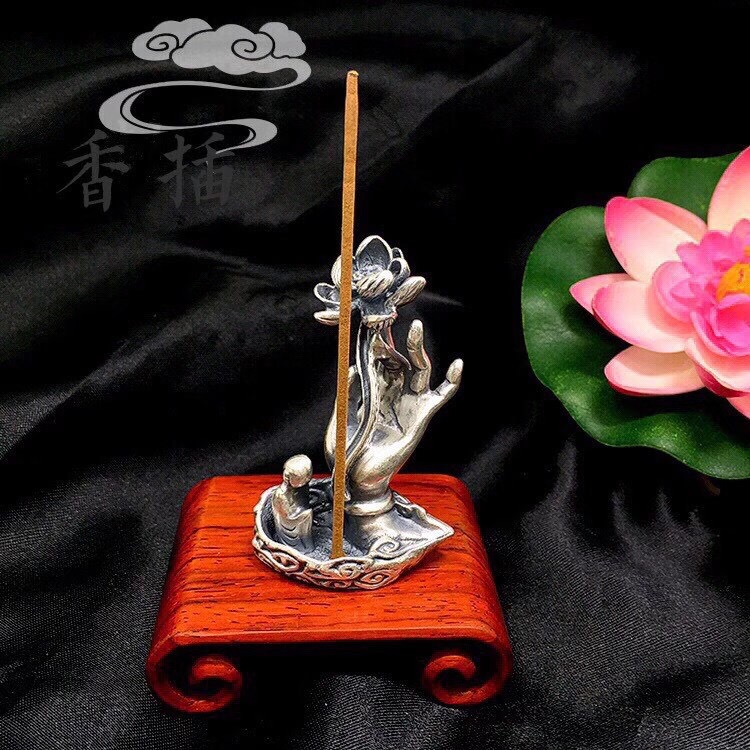 银薇妮 s999足银佛手托莲香插复古做旧纯银家居摆件摆饰代发批发