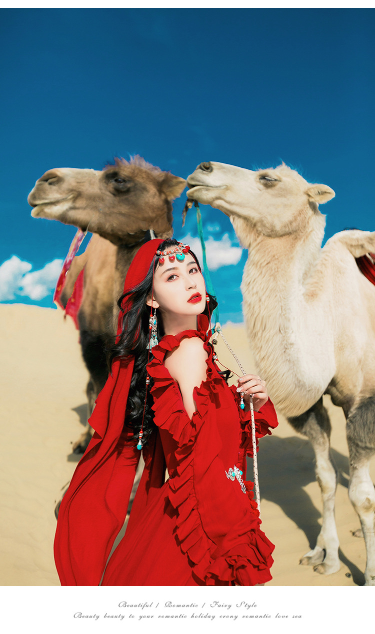 沙漠长裙西北草原旅游拍照衣服超仙青海湖茶卡盐湖裙子红色连衣裙