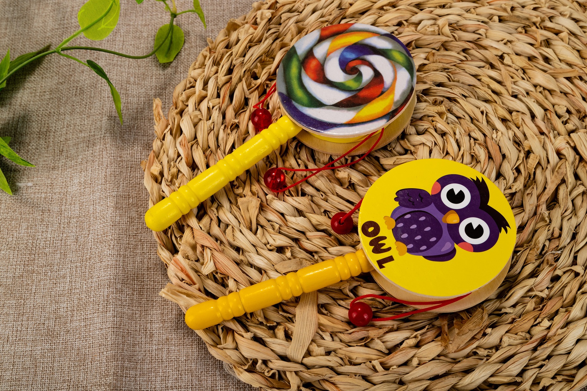 木制婴幼儿童卡通拨浪鼓传统早教木质波浪鼓玩具木质婴儿音乐玩具