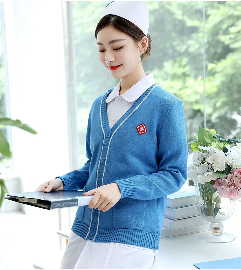 护士毛衣女外套开衫藏蓝色新款外搭护士服针织衫冬季加绒加厚医院
