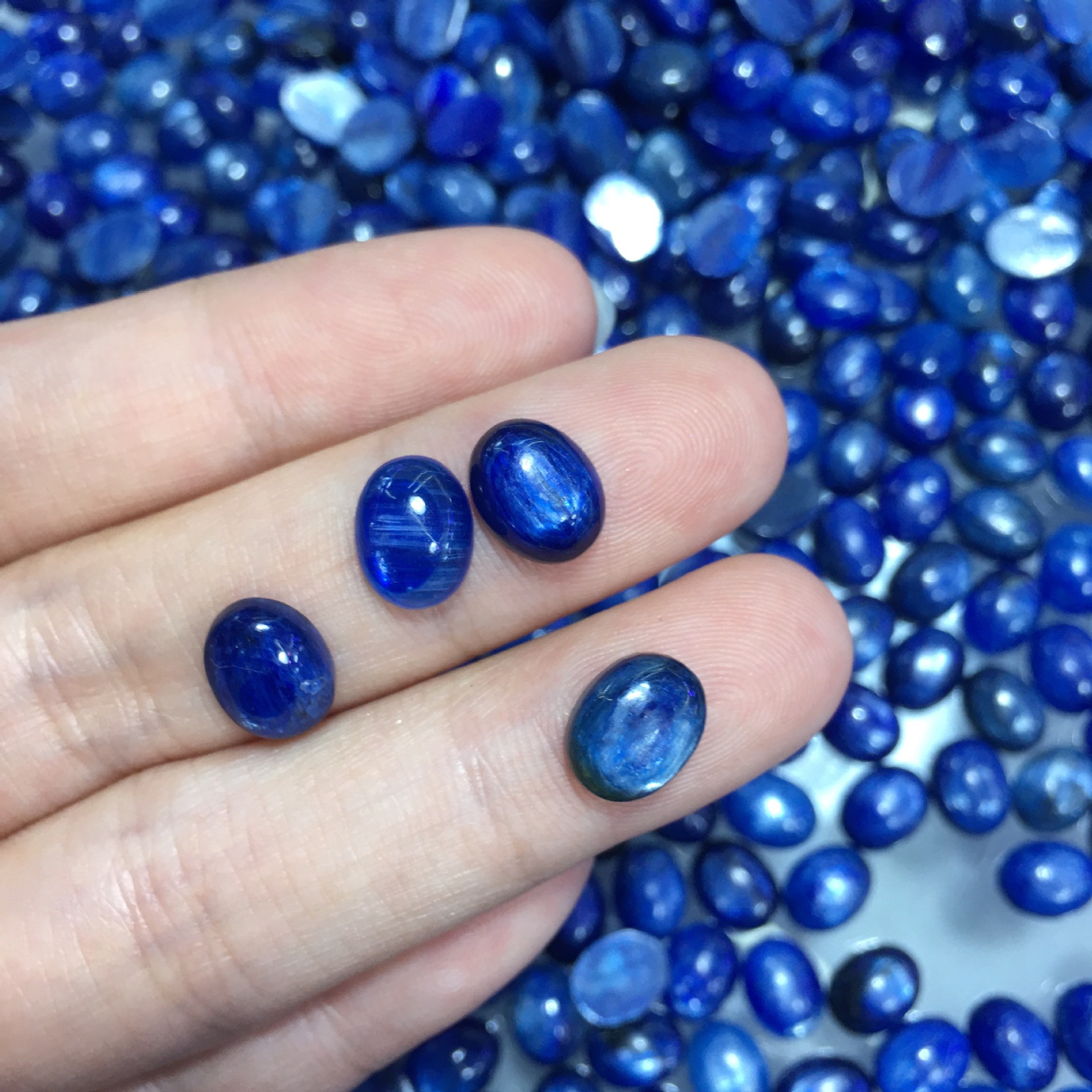 工厂直销天然蓝晶石戒面 带猫眼 蓝晶椭圆形裸石戒面手工镶嵌裸石