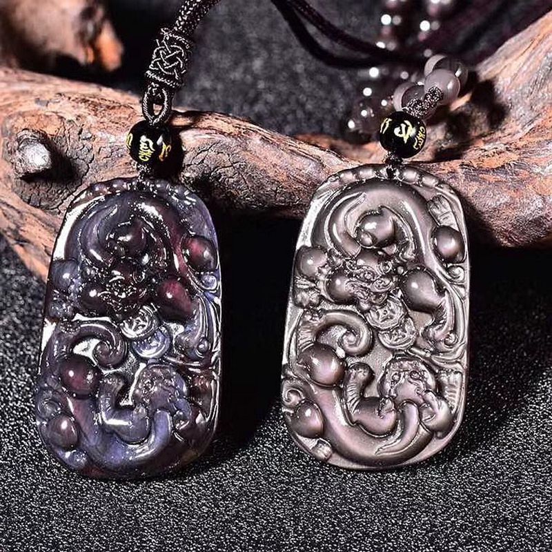 天然冰彩黑曜石双貔貅吊坠 颜色靓丽雕刻精致 diy饰品配件项坠