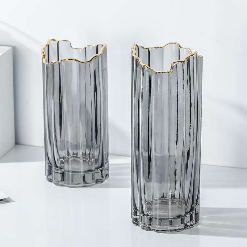 Simple New Wave Golden Edge Mouth Vertical Stripes Cylinder Glass Vase Rich Bamboo Flower Vase Dining Table Office Crafts