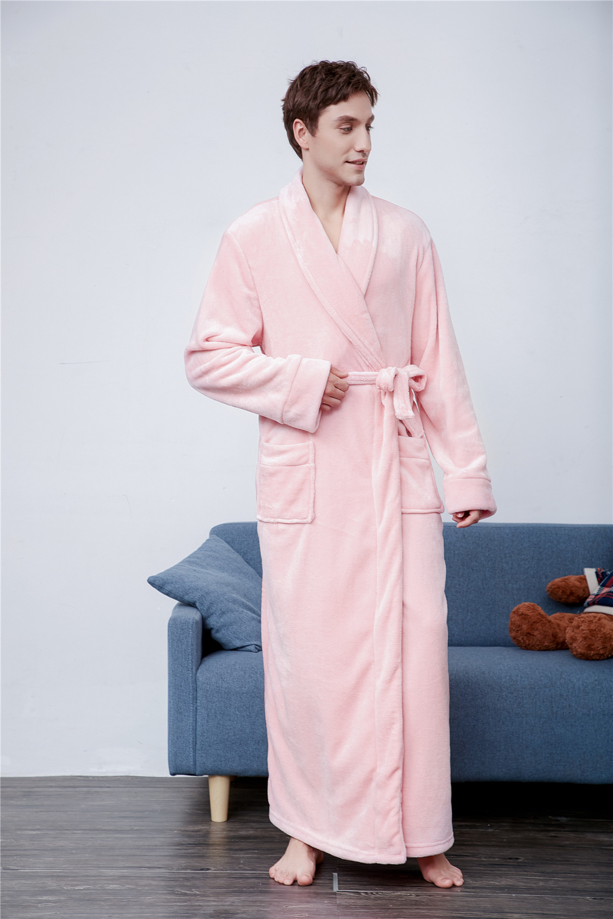 跨境秋冬加厚加长法兰绒纯色青果领翻领家居服珊瑚绒睡袍一件代发