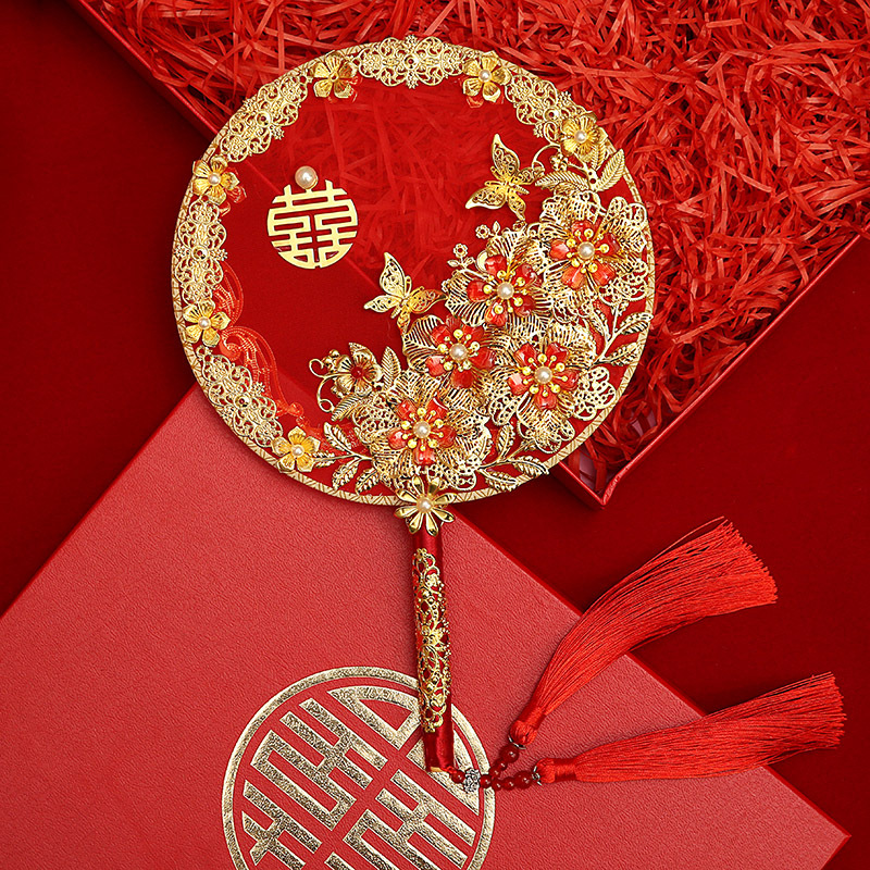 新娘扇子结婚喜扇婚礼出嫁手捧花中式婚礼手工配秀禾diy双面团扇