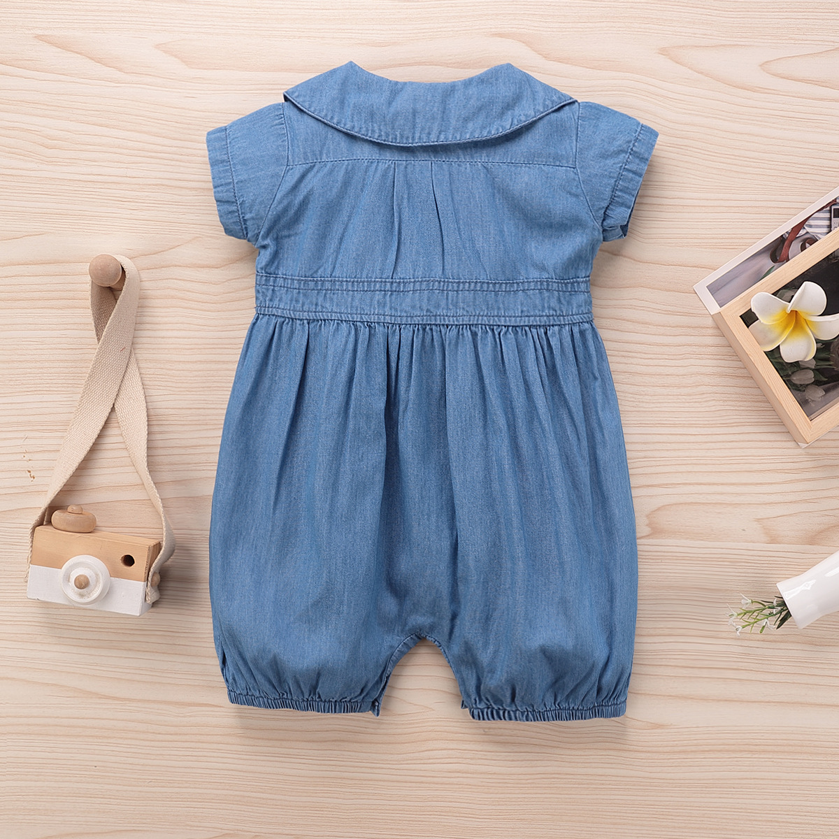 夏季婴童短袖娃娃领连体裤女宝宝牛仔连体蓝色女童连体裤儿童爬服