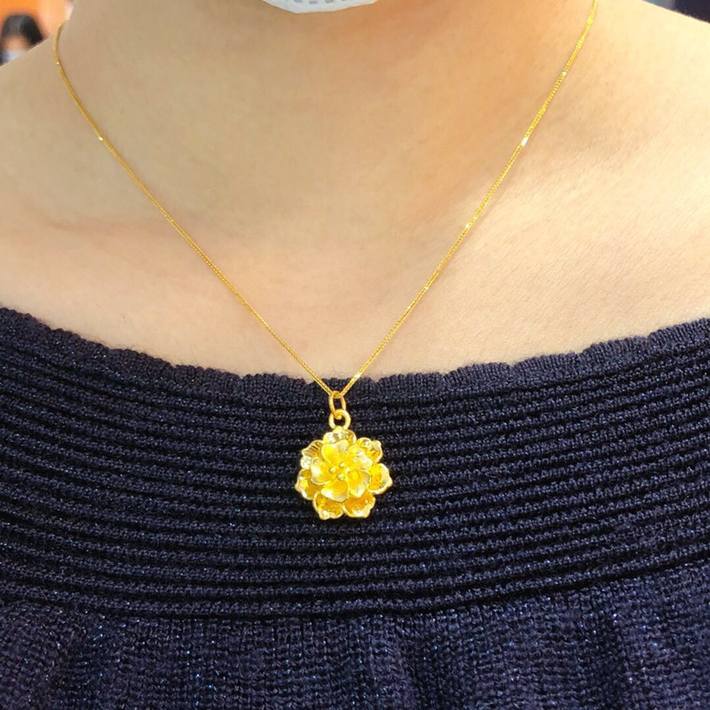 999足金花朵黄金项链母亲礼物金花吊坠3d硬金牡丹花24k黄金挂坠